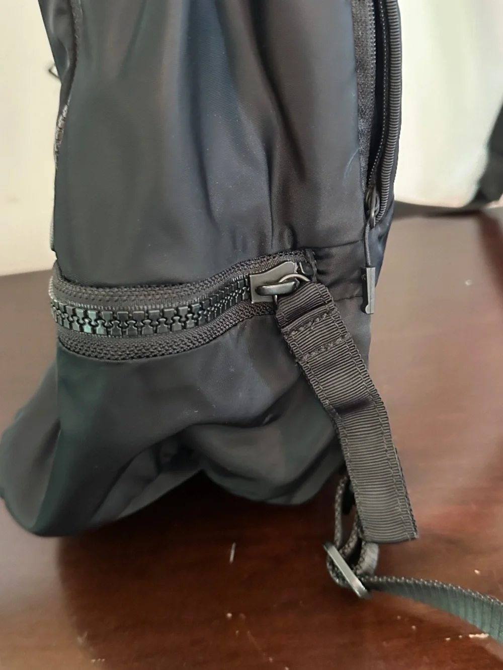 Lululemon Backpack Black On Black Shoulder Straps Zip Close Mesh Compartments